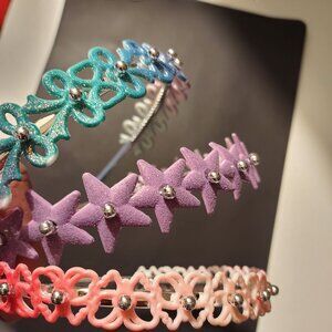 Colorful Glitter Star & Flower Design Headbands Set Of 3 For Women Or Girls-NEW